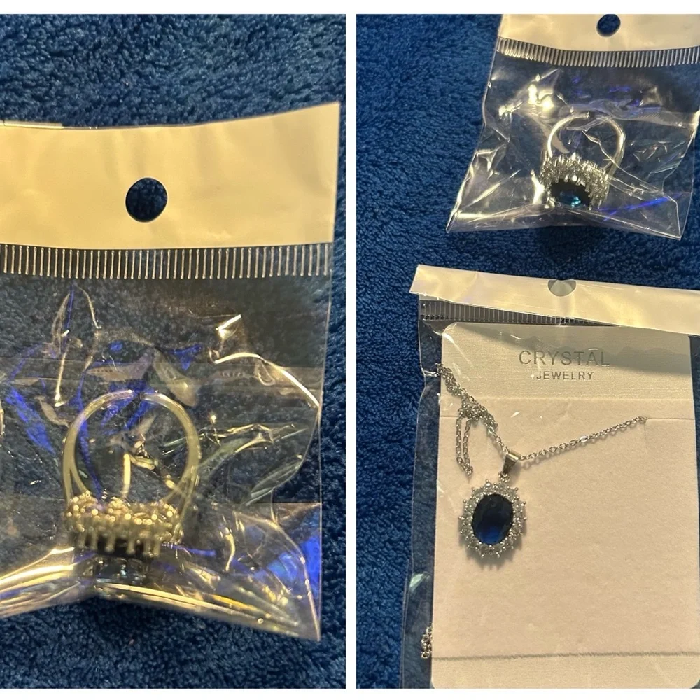 Silver Ring with Blue Gemstone and necklace set